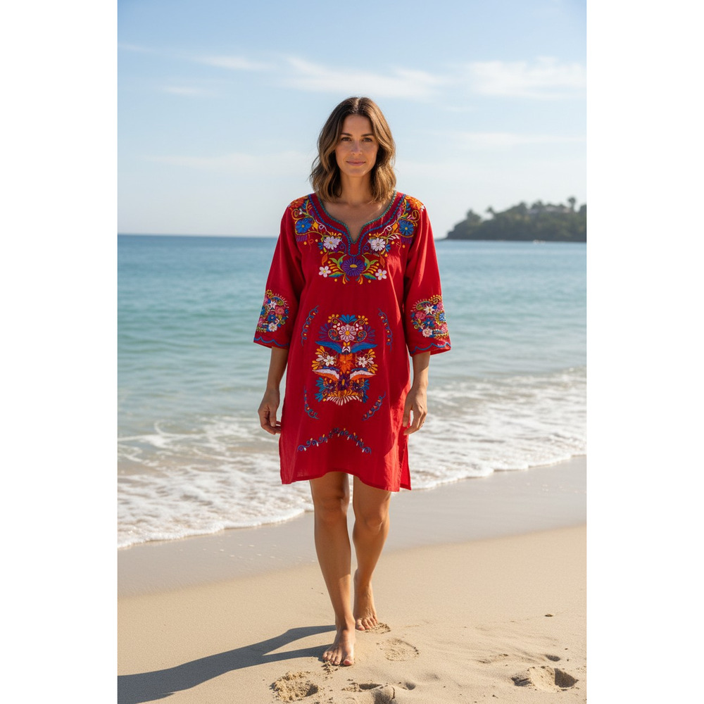 5290) Mexican Red Floral Embroidery 3/4 Sleeves Ethnic Cotton Summer Dress Small